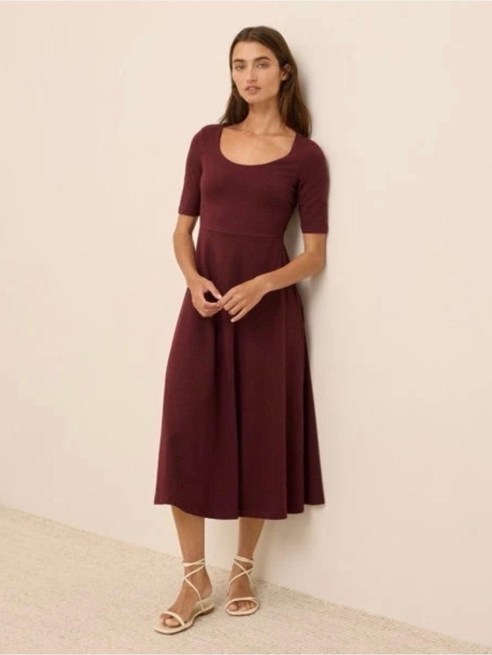 Pact Women's Scoop Neck Fit & Flare Burgundy Midi Dress